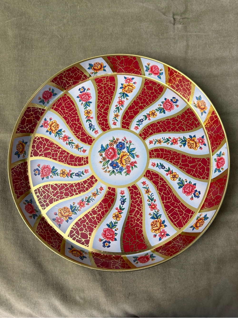Daher Decorative Ware Red Gold Floral Serving Plate Tray Made in England #OSP
